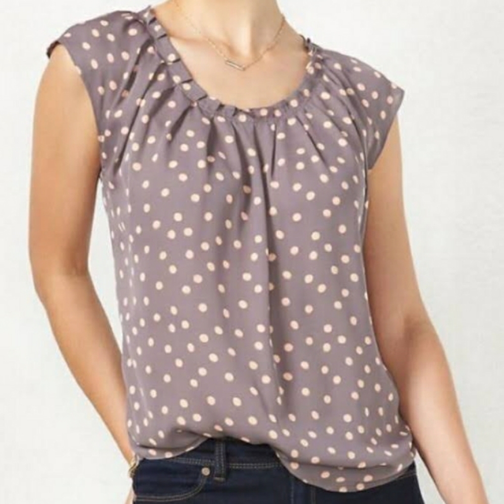 Lauren Conrad greay & pink polka dot career blouse